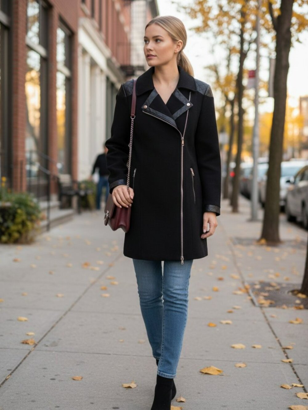 White House Black Market Black Wool-Blend Moto Jacket Lamb Leather Trim 0 - Picture 2 of 16